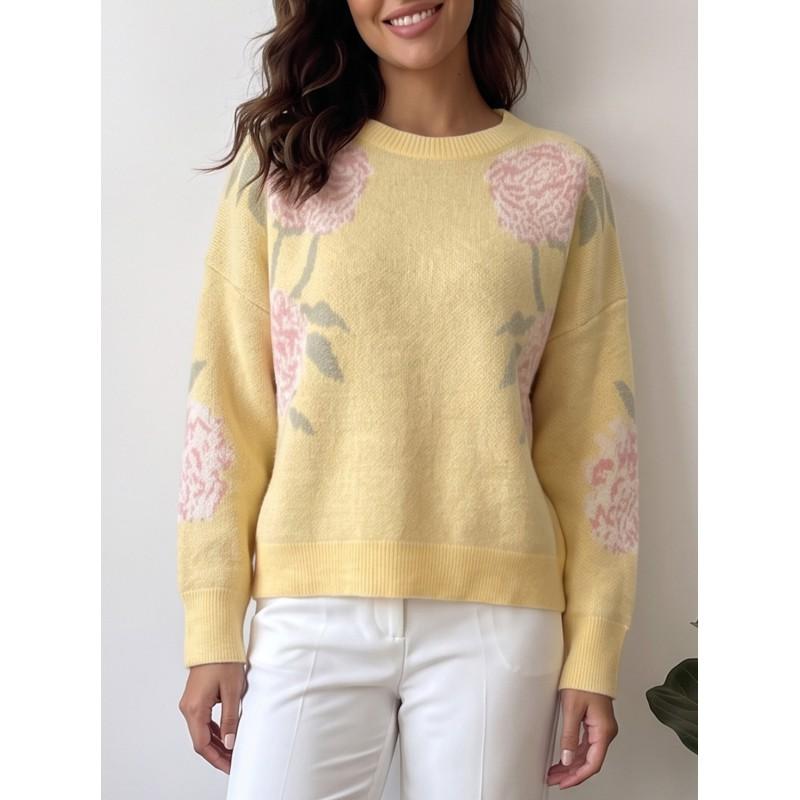 Floral Knit Sweater Womens Crew Neck Long Sleeve Loose Fit Casual Pullover