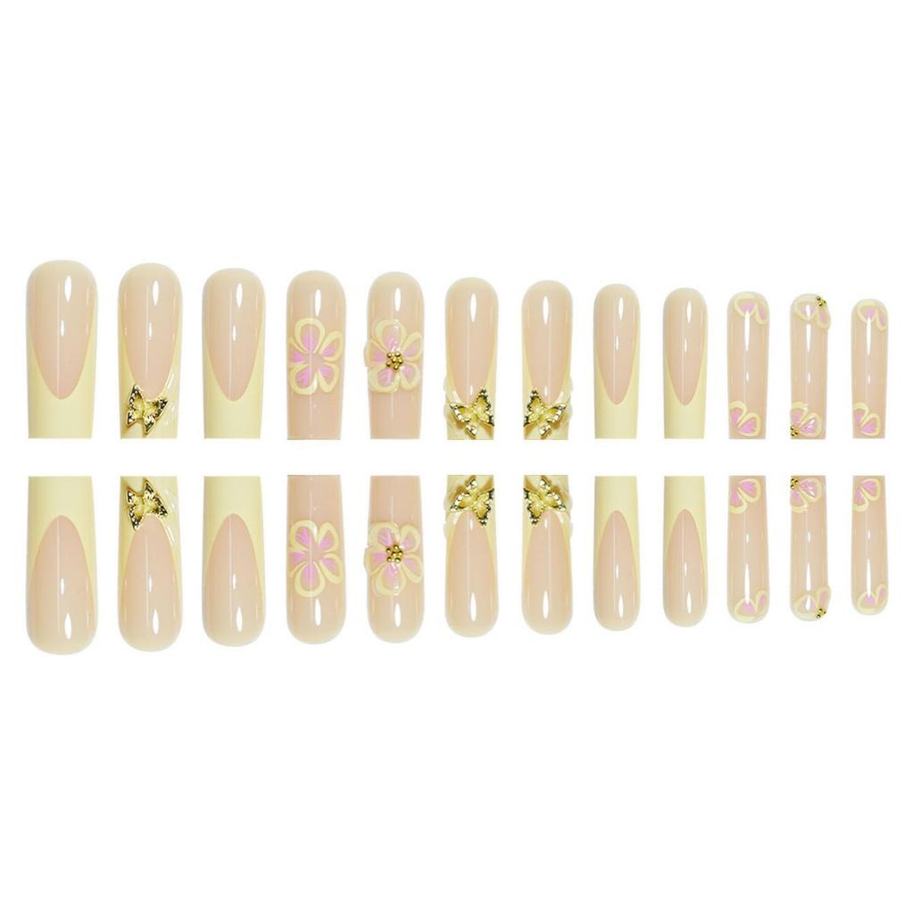 24Pcs Extra Long Coffin Press On Nails, Nude with Yellow French Tips & 3D Flower & Gold Butterfly Fake Nails