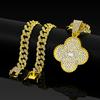 18K Gold Plated Zinc Alloy Iced Cuban Link Jewelry Set with Zircon Clover Pendant for Women's Gift & Lucky Charm Lovers