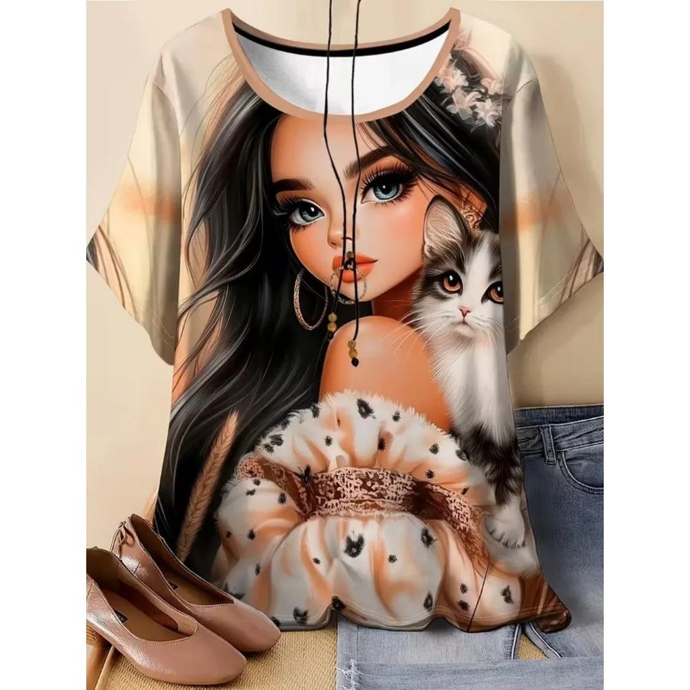 Simple Fashionable Portrait Cartoon Woman Graphic T-shirts Summer Streetwear 3d Printed Loose Comfortable Womens T-shirts