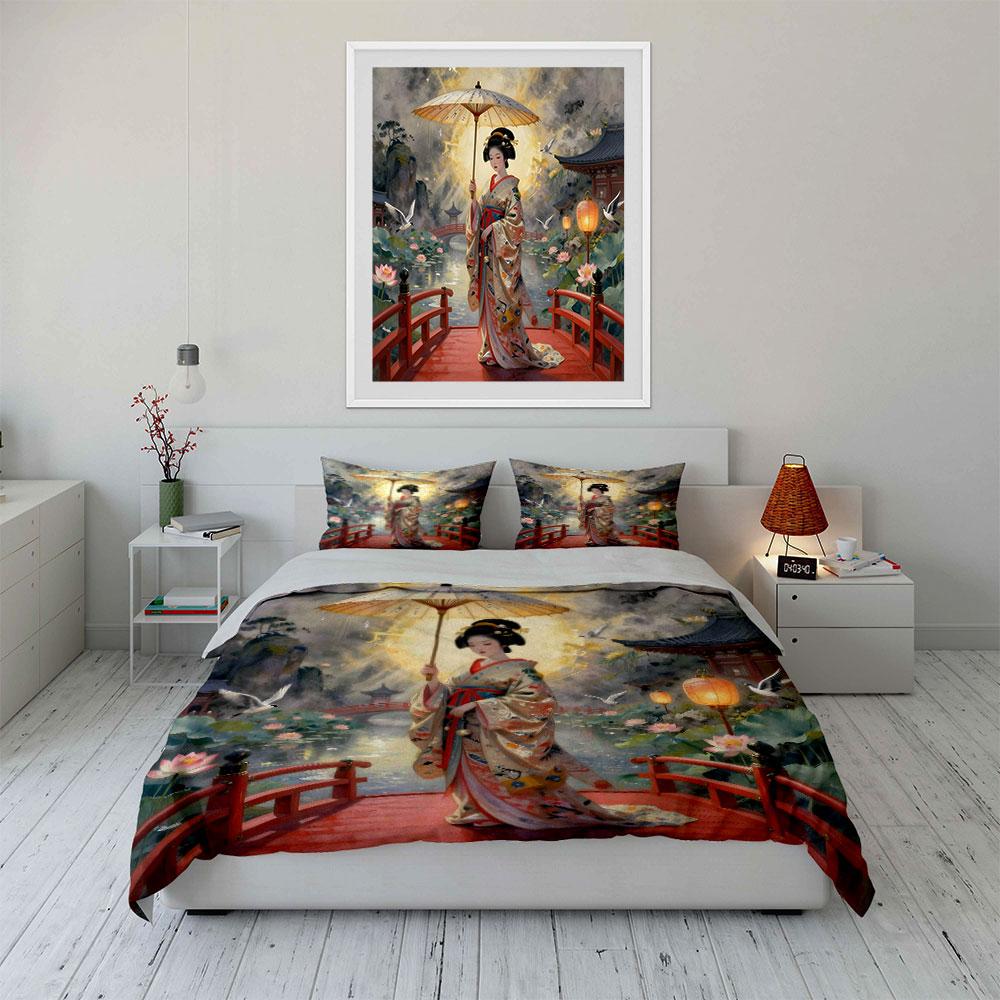 Woman In Kimono Holding Umbrella Printed Duvet Cover Set1 Duvet Cover+2 Pillowcasemulti Size Bedroom Bedding Decor