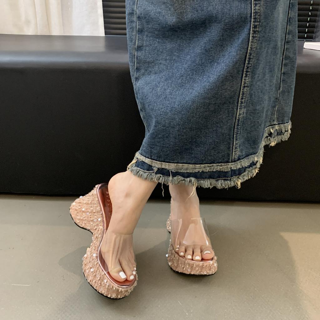 Small Man Height Gain Super High Heels Glitter Sequins Women's Summer Slope Heel Transparent Muffin Bottom Thick Sole Beach Cool Slippers