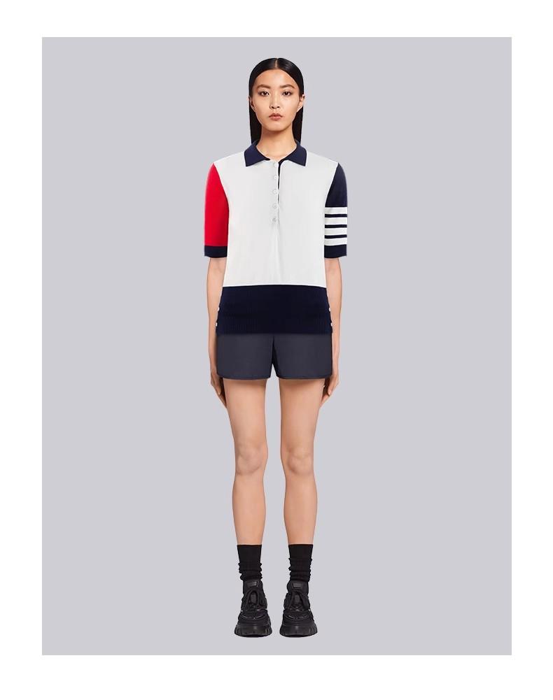 TB Short-Sleeved Knitted Patchwork Polo Shirt