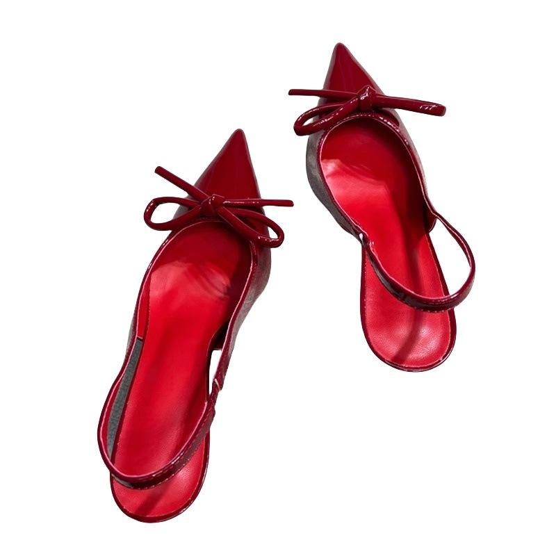 French Burgundy One-word High Heels, Bow 2025 New Models, Beautiful Outer Wear, Pointed Head, Thin Heel, Bag Head, Sandals Women