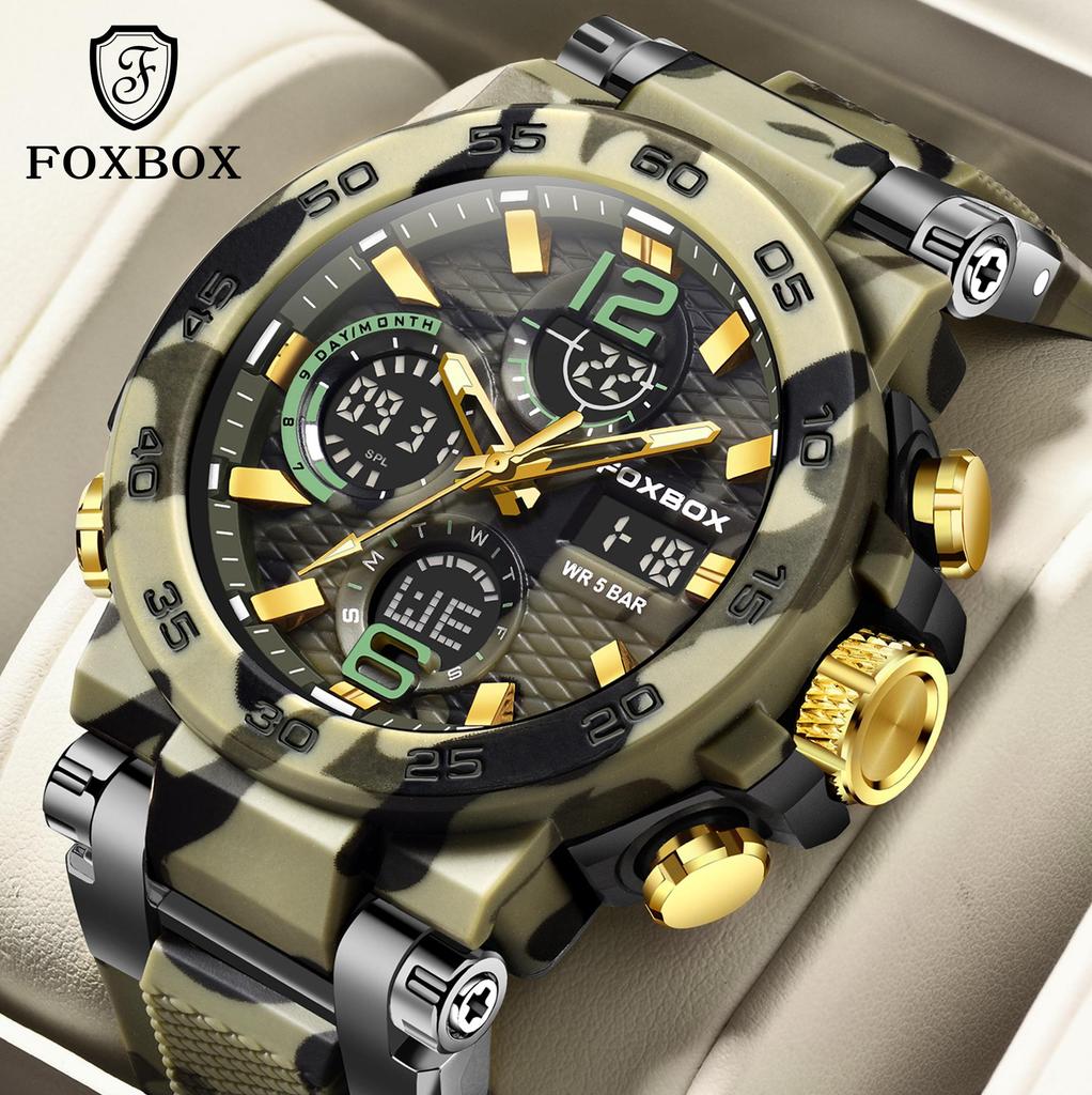 FOXBOX Orologio da Uomo Militare Mimetico Sportivo Orologio da Polso da Uomo Doppio Display Impermeabile Orologio Digitale da Uomo