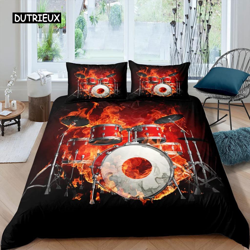Blue Drum Kit Duvet Cover Set Microfiber Rock Roll Pop Music Twin Bedding Set Musical Instrument Glitter Lines Comforter Cover