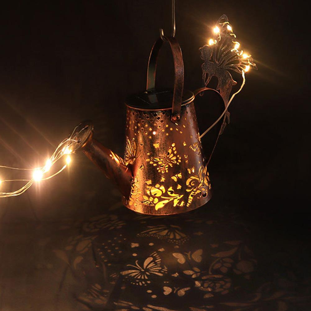 Retro Metal Kettle Light Waterproof Butterfly Solar Watering Can Solar Butterfly Garden Lights for Outdoor Garden Yard Decor