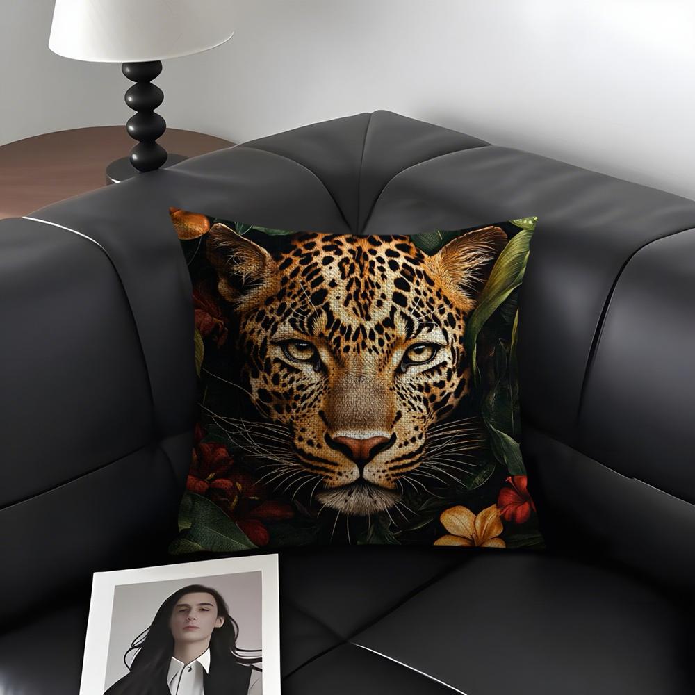 Uropean Fashion Leopard Cushion Cover Natural Linen Organic Fabric Double-Sided Printing Sofa Home Decor Gift Pillow Case