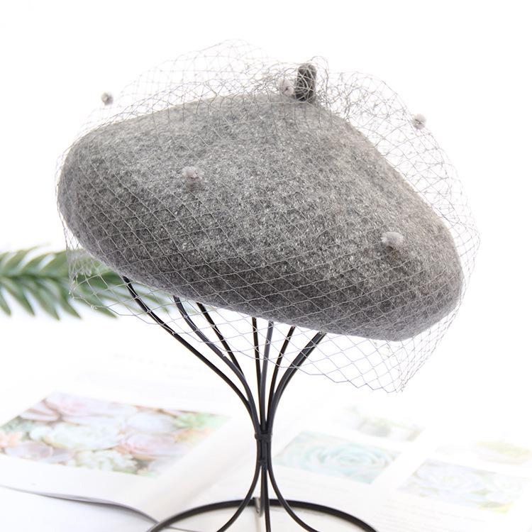 

Autumn And Winter Woolen Painter Hat British Retro Lace Mesh Beret Women S Elegant Fashion Hat Adjustable сірий колір