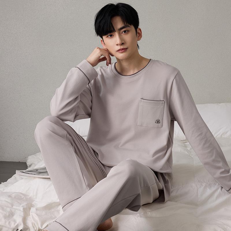 Men's 100% Pure Cotton Pajamas - Long Sleeve & Pants, Solid Color, Loose Fit, Two-Piece Set for Spring & Autumn Homewear.