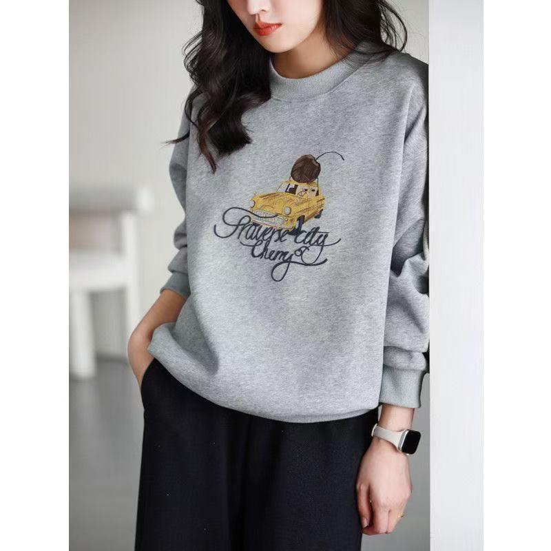 2025 Autumn Women's Cotton Round Neck Printed Casual Loose Slimming Long Sleeve Hoodie Top