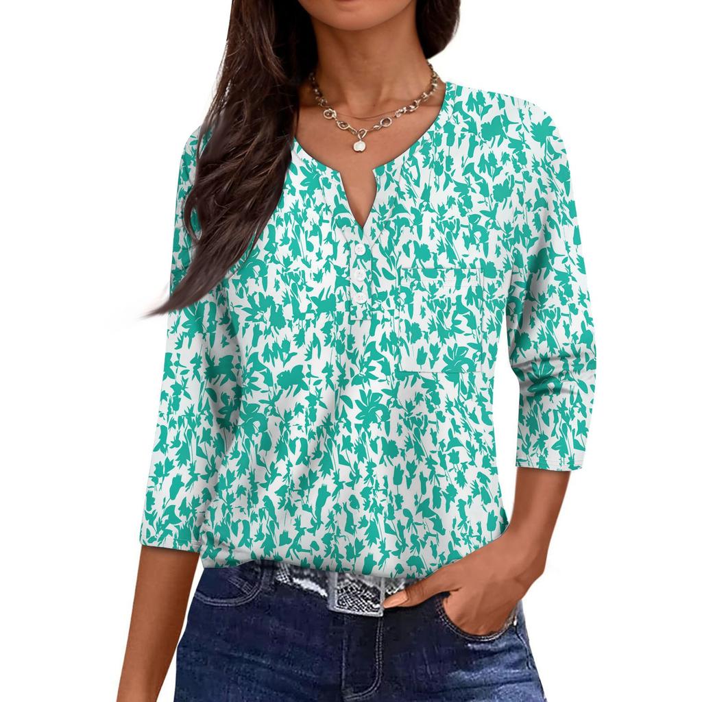 Damska Codzienna Modna Dekolt V Luźna Wszechstronna Kwiatowy Wzór Rękawy Trzyczwarte