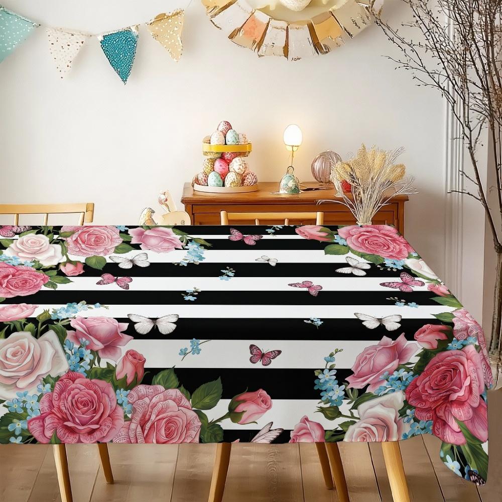 Floral Rose Butterfly Rectangle Table Cloth for Table Decor Holiday Waterproof Reusable Tablecloth for Tables Kitchen Dining