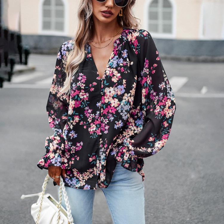 Elegant Floral Blouse for Women V Neck Lantern Sleeve Button Top Autumn Shirt