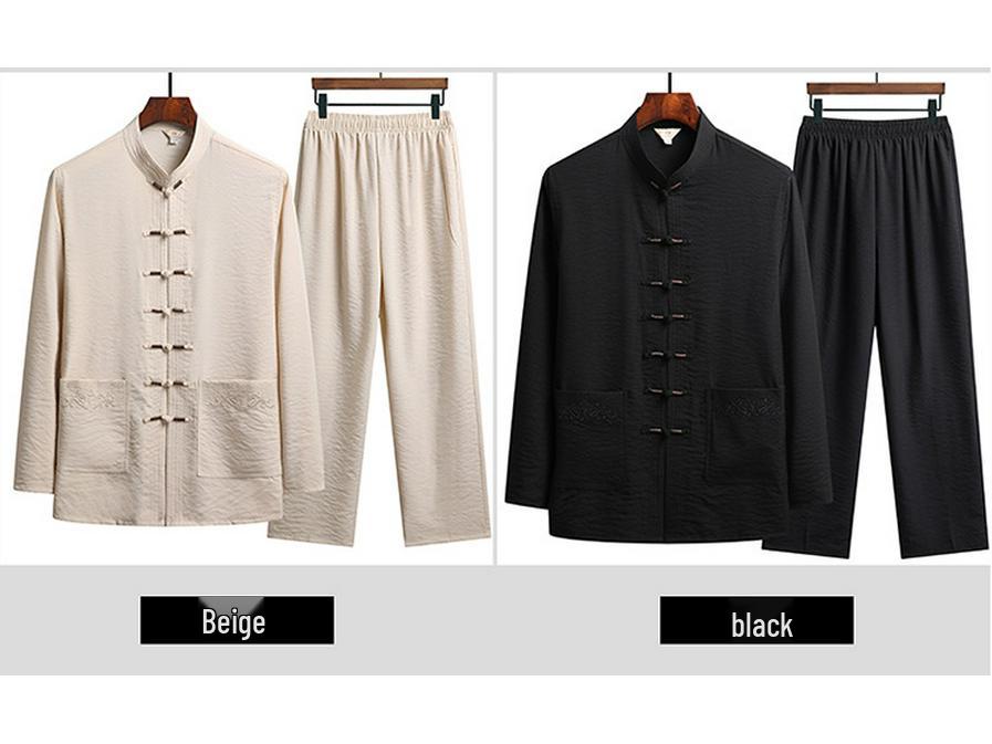 Men's Chinese Style Tang Suit Set – Long Sleeve for Elderly (Spring/Fall) & Short Sleeve for Middle-Aged Dads (Summer).