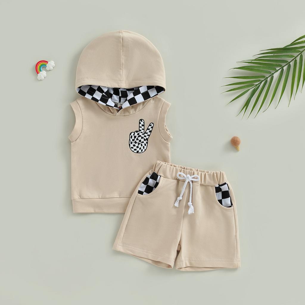 Toddler Boys 2PCS Shorts Sets Sleeveless Hooded Vest and Drawstring Checkerboard Shorts Sets