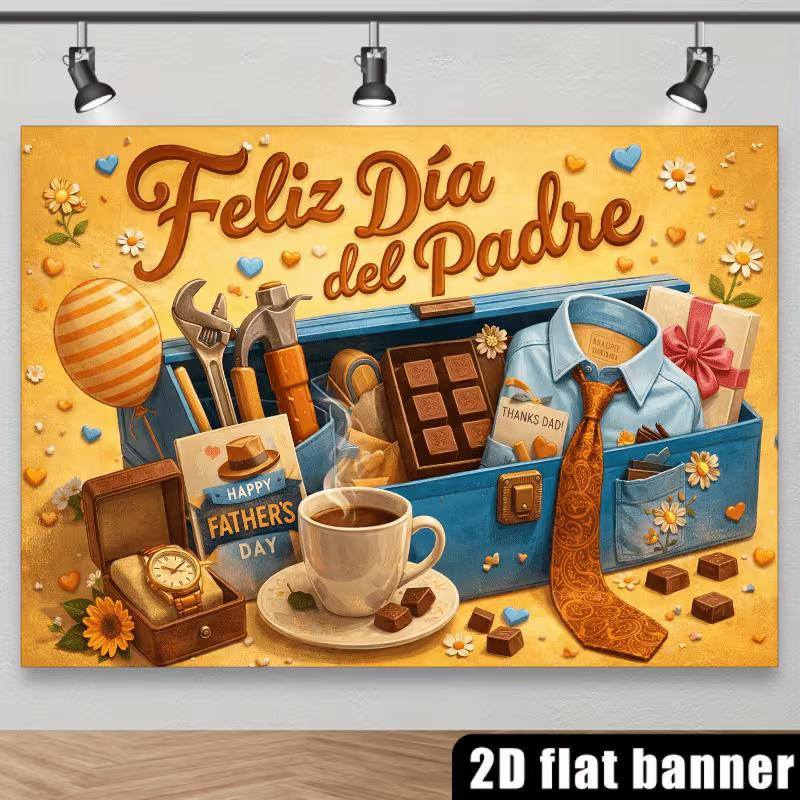 2D Spanish Father's Day Backdrop Tools, Coffee & Gifts Photography Background