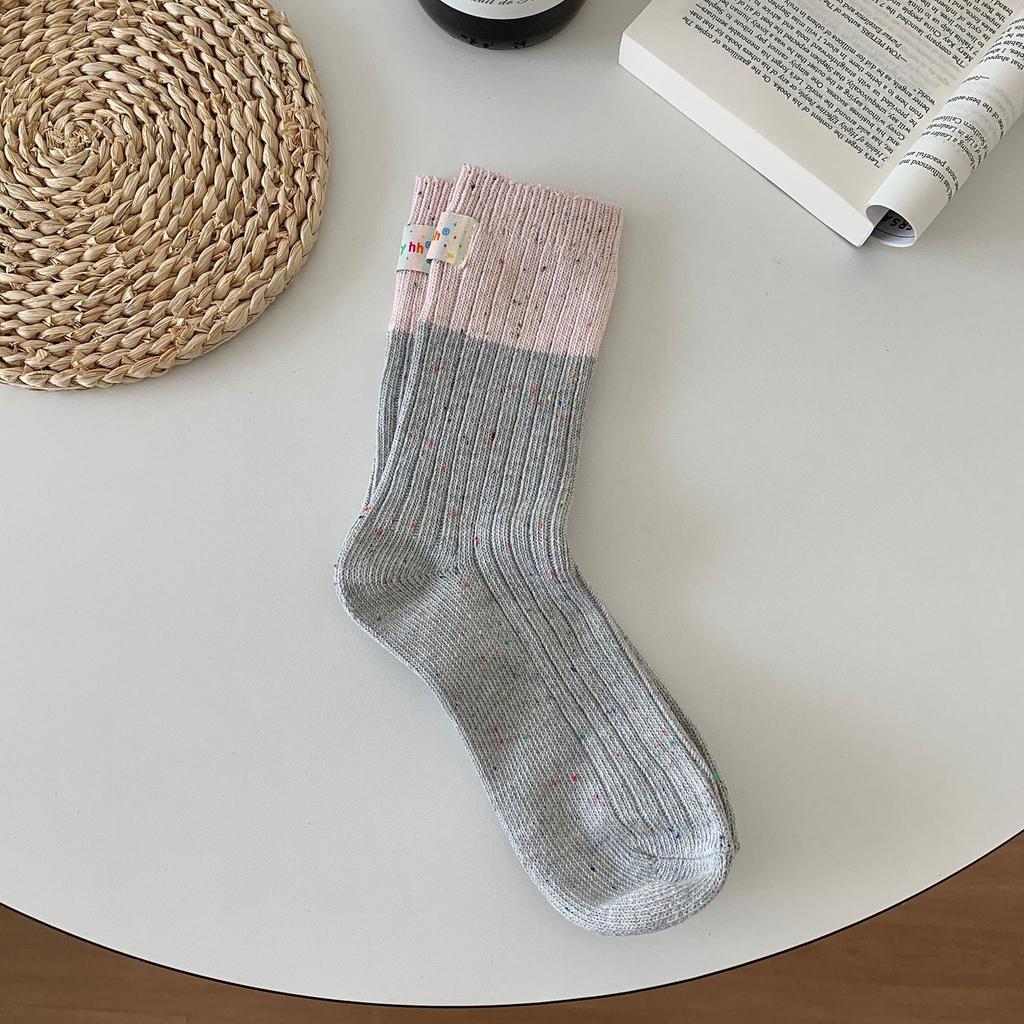 Color Matching Heel Cloth Label Thick Needle Socks, Idea Yarn Medium Tube Stacking Socks, Children'S Couple Socks