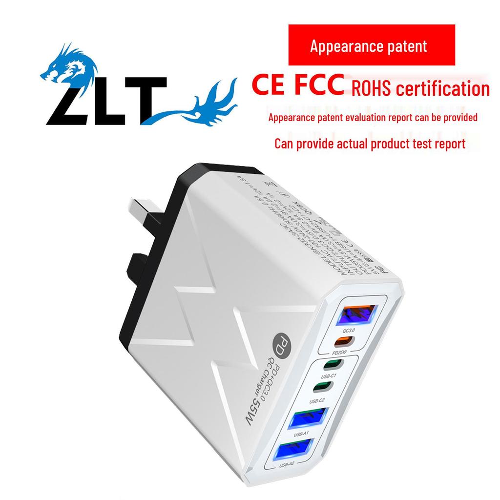 PD25W Fast Charger, 6-Port, 3 USB, 3 PD55W, QC3.0, Compatible with EU/US/UK/AU Standards