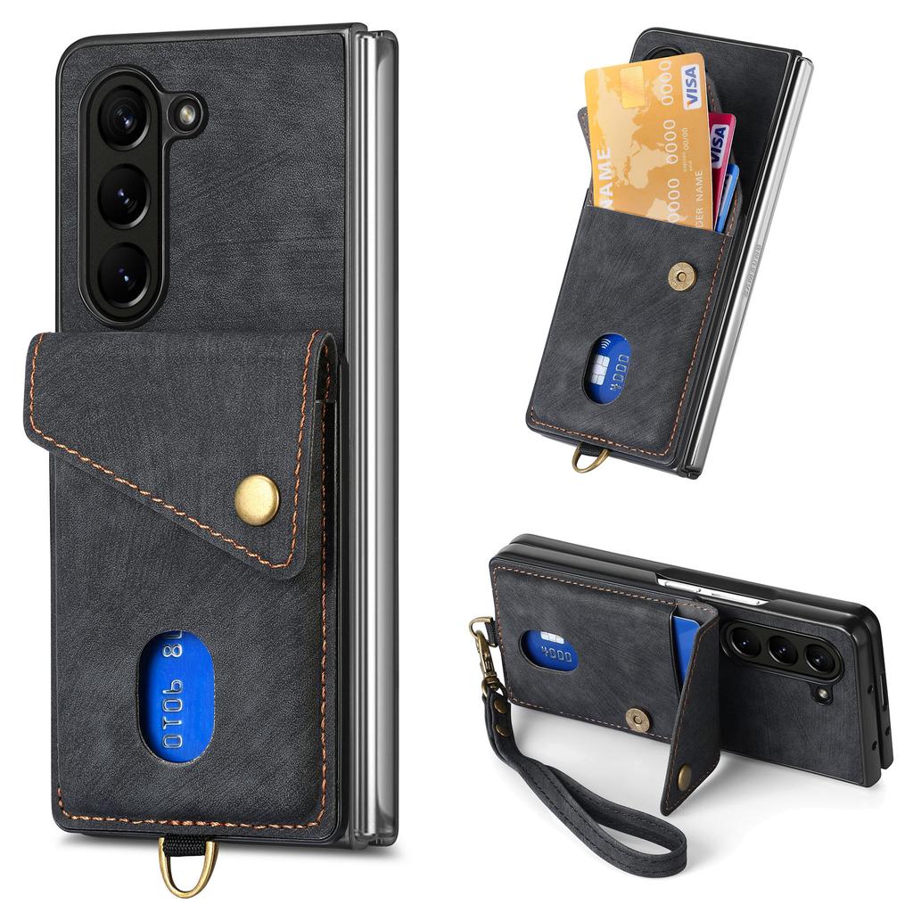 D1 For Samsung Galaxy Z Fold6 5G Case Kickstand Card Bag Leather+PC Phone Cover with Strap
