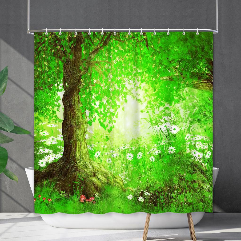 Bathroom Waterproof Curtain Digital Printing Plant Mushroom Shower Curtain Non-Punching Toilet Partition Curtain Shower Cloth