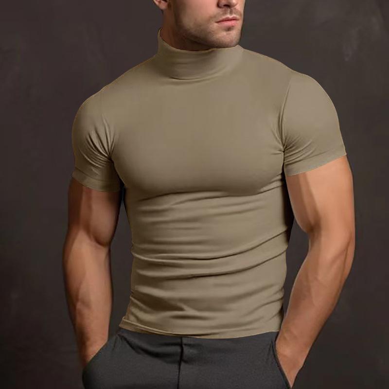 2024 Summer Men's Solid Color Short-Sleeve High-Neck T-Shirt