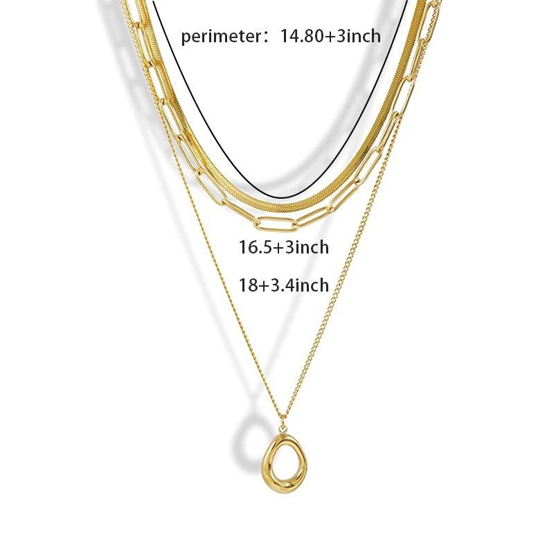 Women Layered Geometric Oval Pendant Stainless Steel Clavicle Necklace