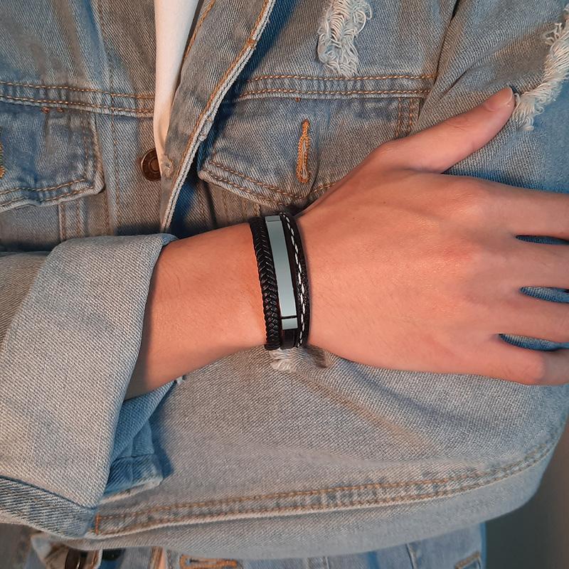 Vnox Bracelets Multi-couches en Cuir Personnalisés avec Logo Nom Citation pour Hommes Bracelet Identité en Acier Inoxydable Personnaliser Cadeau Papa Père