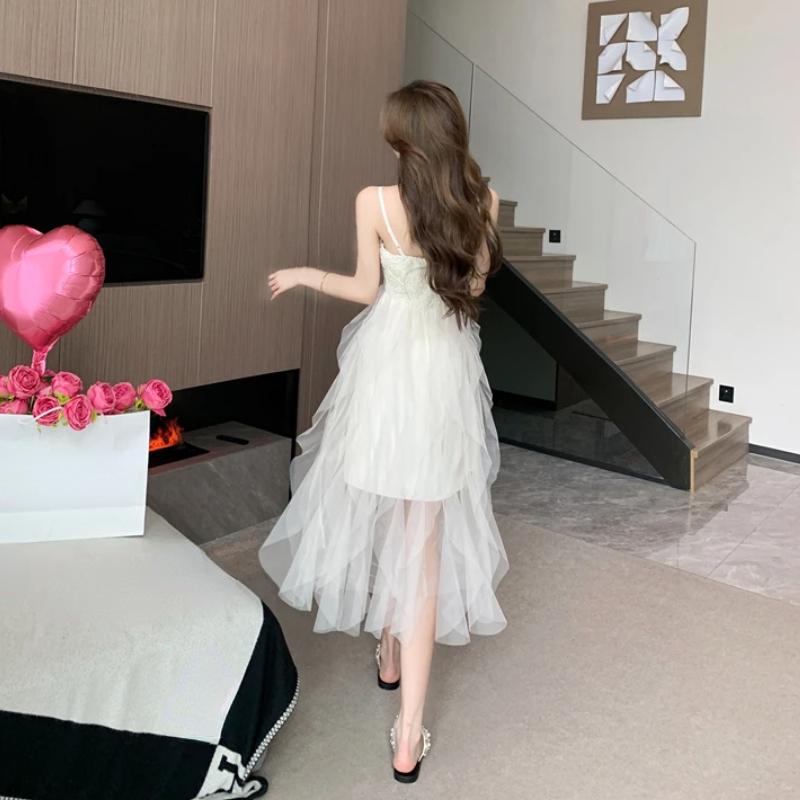 Sommer Sexy Spaghettiträger Mesh Patchwork Midikleid für Damen Mode Ärmellose Rüschen Rückenfreies Club Schlanke Partykleider