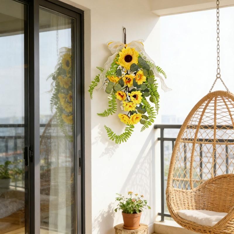 Easy To Install Faux Sunflower Wall Hanging Ornament Green Plant Decoration for Home or Commercial Space