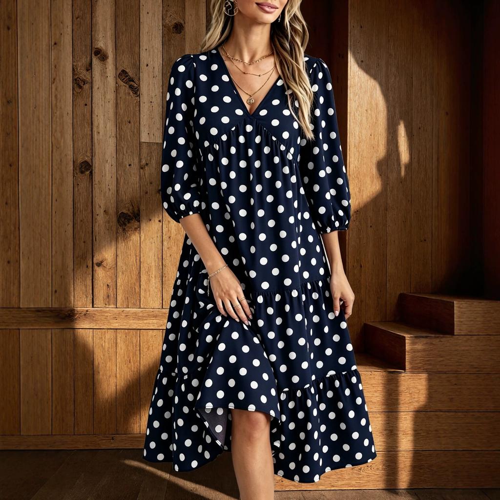 Polka Dot Printed V-Neck Dress Puff Sleeve High Waist Ruffle Tiered French Vintage Midi Dress