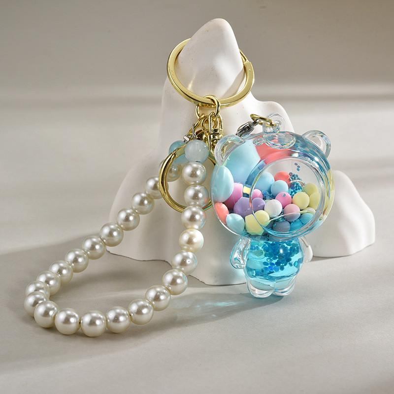 Acrylic Colorful Bead Bear Keyring With Pearl Chain For Children Gift And Celebration