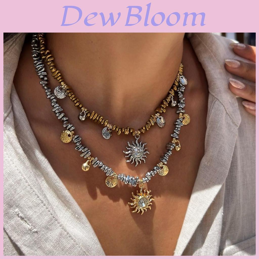Sunflower Pendant Necklace For Women With Geometric Design And Crushed Stone In Autumn Style