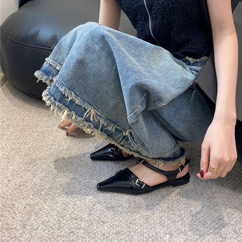 fashion Pointed Toe Women Sandals Flat Heeled Belt Buckle Elastic Back Strap Black Brown Red White 2024 New Arrivals Fashion Belt Buckle