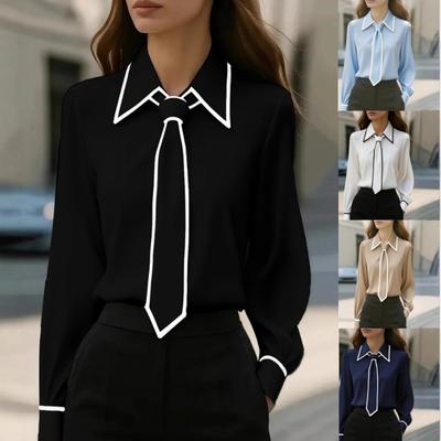 Women's Fashion Casual Solid Color Print Long Sleeve POLO  Neck Blouses & Shirts