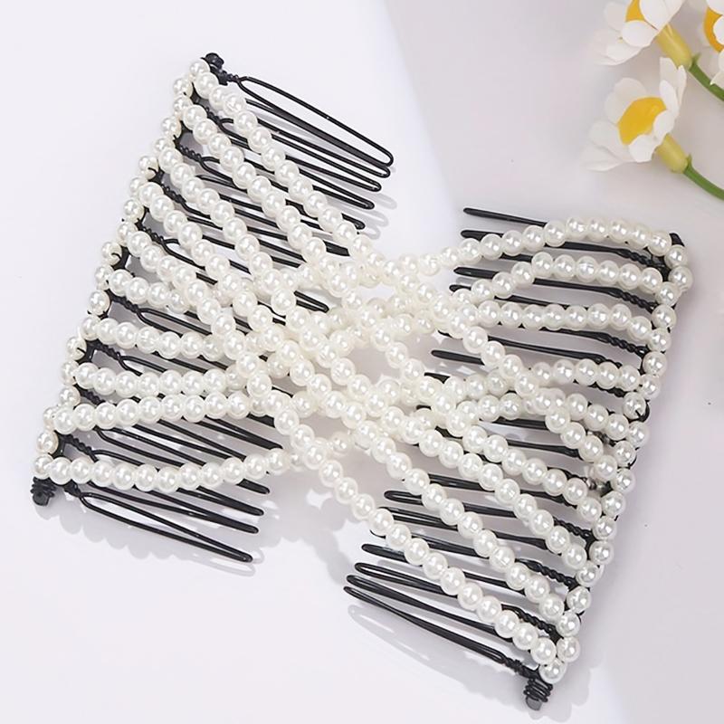 Women DIY Hair Accessories Pearl Beaded Elastic Hair Claw Hairpin Magic Comb Up-Do Hairstyle Bun Maker Tool Ponytail Hairdo Wolf