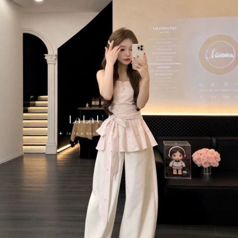 Especially Beautiful Waist Pinched Pink Striped Tube Top Women's Summer Lace-up Waist Thin Girl Off-the-shoulder T-shirt