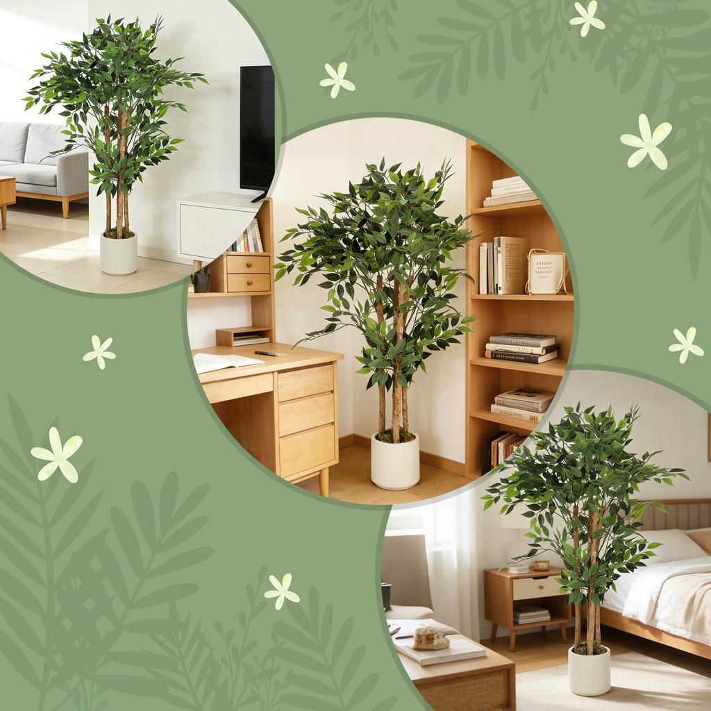 Arbre Ficus Artificiel 120cm, Faux Arbre en Pot avec Tronc en Bois Massif et Pot pour Intérieur, Vert