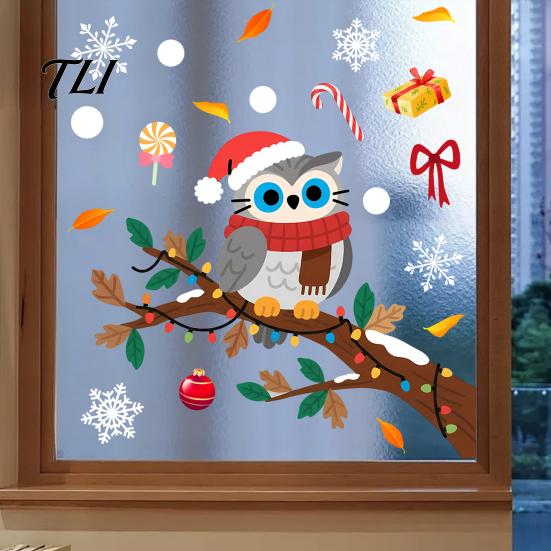 Creative Gift for Friends Cute Christmas Owl Window Sticker, Snowy Branch Candy Glass Decal, Waterproof Self Adhesive Seasonal Wall Art Xmas
