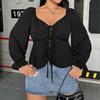 Plus Size Women French Style Sexy Solid Color Puff Long Sleeve Slim Cardigan T Shirt