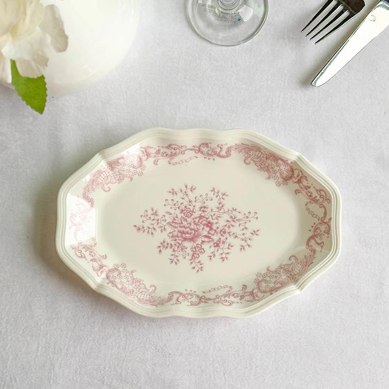 French Style Pink Flower Ceramic Plates Vintage Household Biscuit Bread Dishs High Quality Restaurant Dessert Tableware