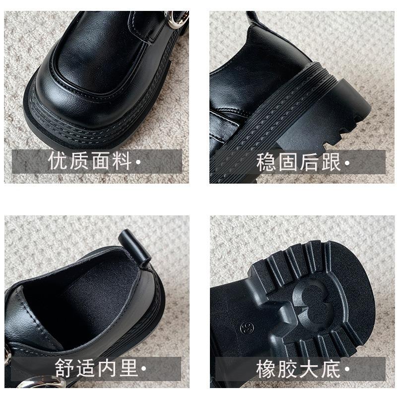 Thick-soled big-headed women's spring new heightening small leather shoes thick heel British commuter Velcro single shoes