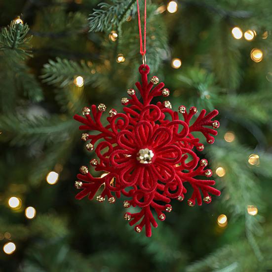 Christmas Ornaments Red Flocking Bell Wreath Snowfall Elk Pendant Snowy Winter Decor for Tree Hanging