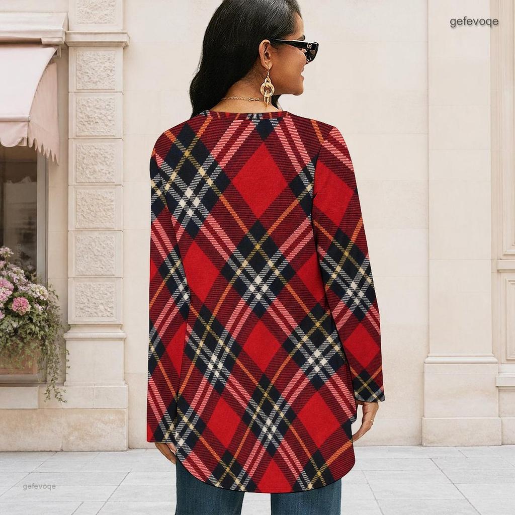 Women Plus Size Red Plaid Printed Round Neck Long Sleeve Loose Fit High Low Hem T Shirt
