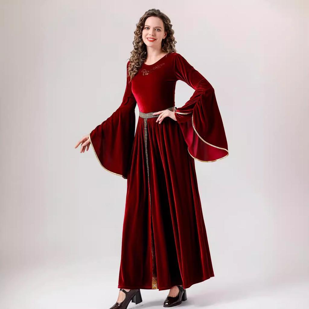 Cosplay abiti medievali europei e americani costumi rinascimentali costumi di Halloween da donna abiti lunghi retrò maniche a corno