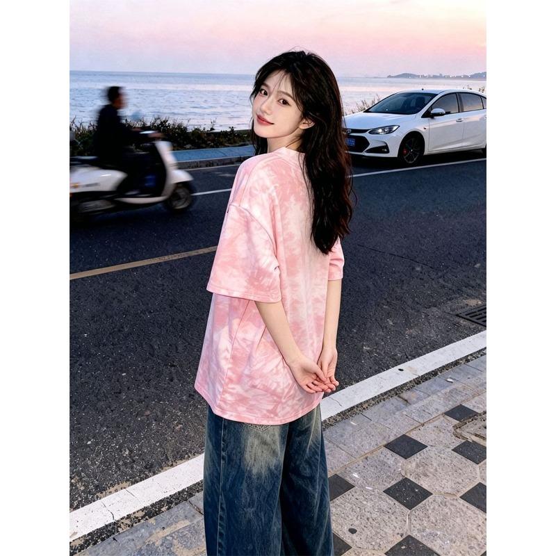 100% cotton lazy fashion tie-dye short-sleeved t-shirt men's and women's summer casual loose street crew neck couple top