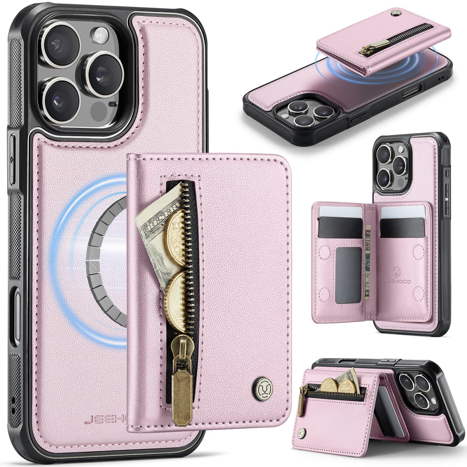 

For iPhone 16 Pro Max Case JEEHOOD J12 Magnetic Detachable Zipper Wallet Kickstand Leather Back Cover Compatible with MagSafe