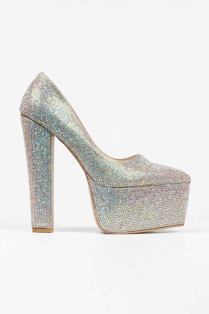 Women's Fashion Platinum Full Stone Classic Pointed Thick Heeled Pointed Platform Evening Dress Shoes For Party