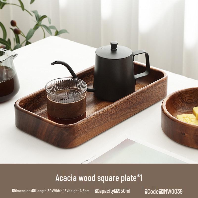 Luxury Black Walnut Tray: Rectangular Solid Wood for Home, Tea, & Water Cups, with Round Plate