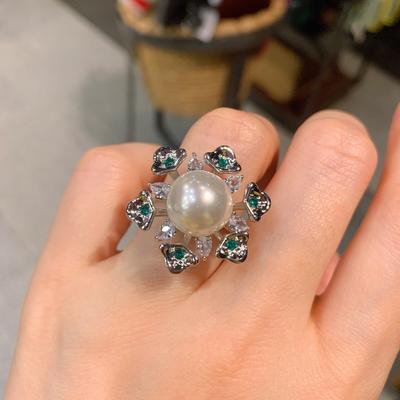 Australian Fritillary Pearl Slightly Set With Green Diamonds, Fashionable Ring, Adjustable Ring